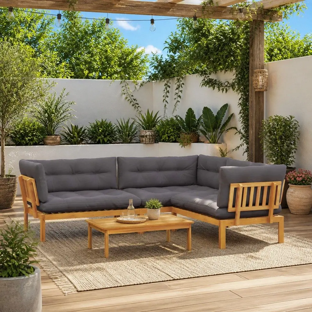 4 Piece Outdoor Sectional Sofa Set Solid Acacia Wood Brown Garden Patio Furniture