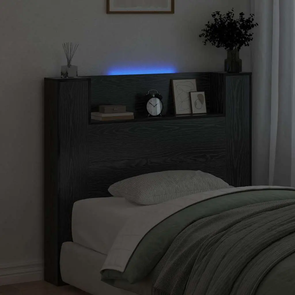 RGB LED Storage Headboard Black Engineered Wood with Bedroom Shelf USB Powered