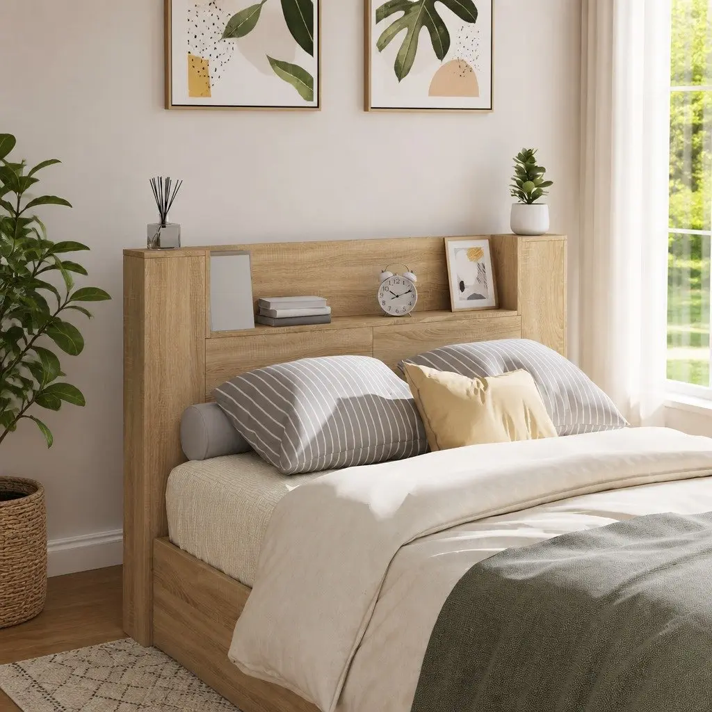 LED Storage Headboard Brown Engineered Wood Bedroom Shelf with Adjustable RGB Lighting