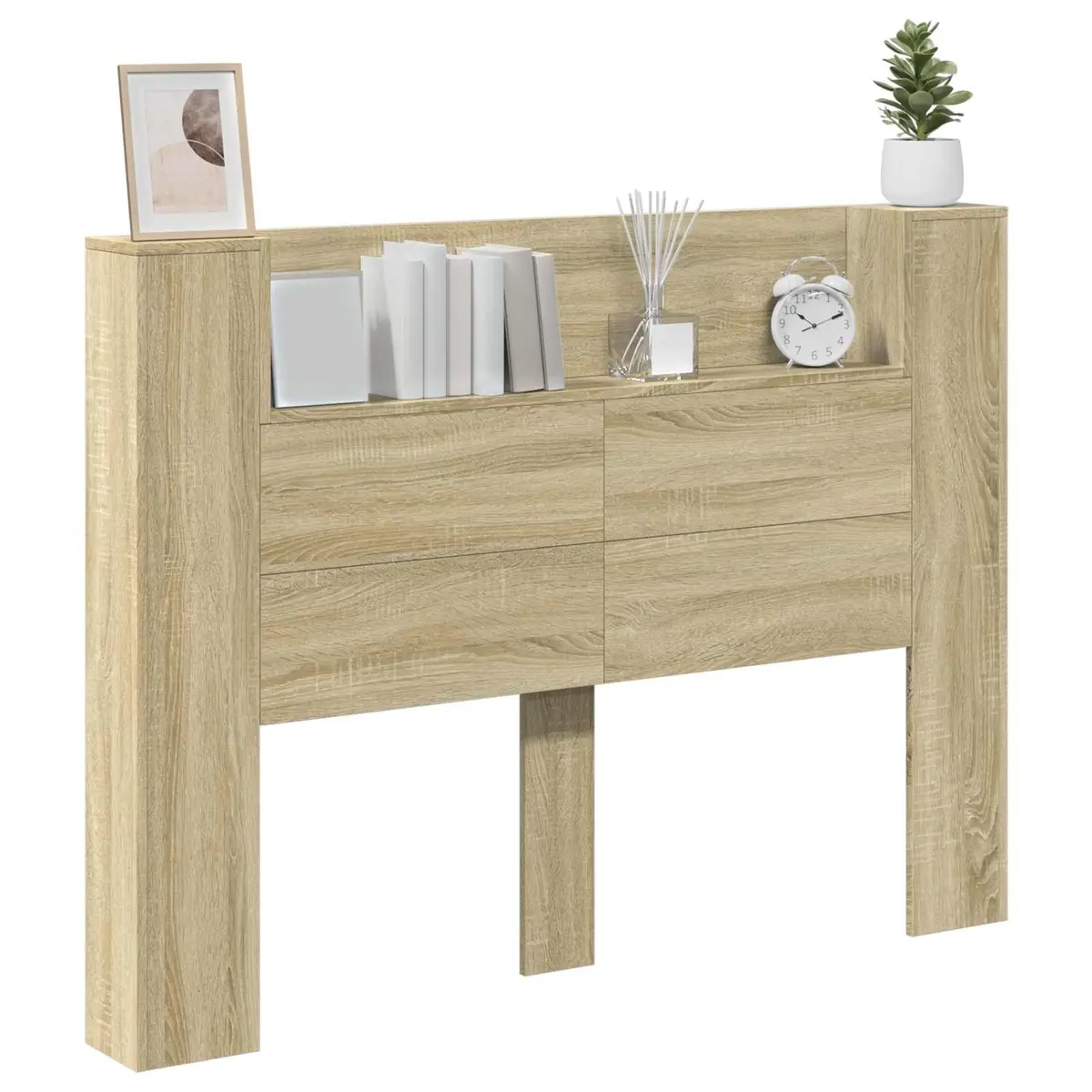 LED Storage Headboard Brown Engineered Wood Bedroom Shelf with Adjustable RGB Lighting