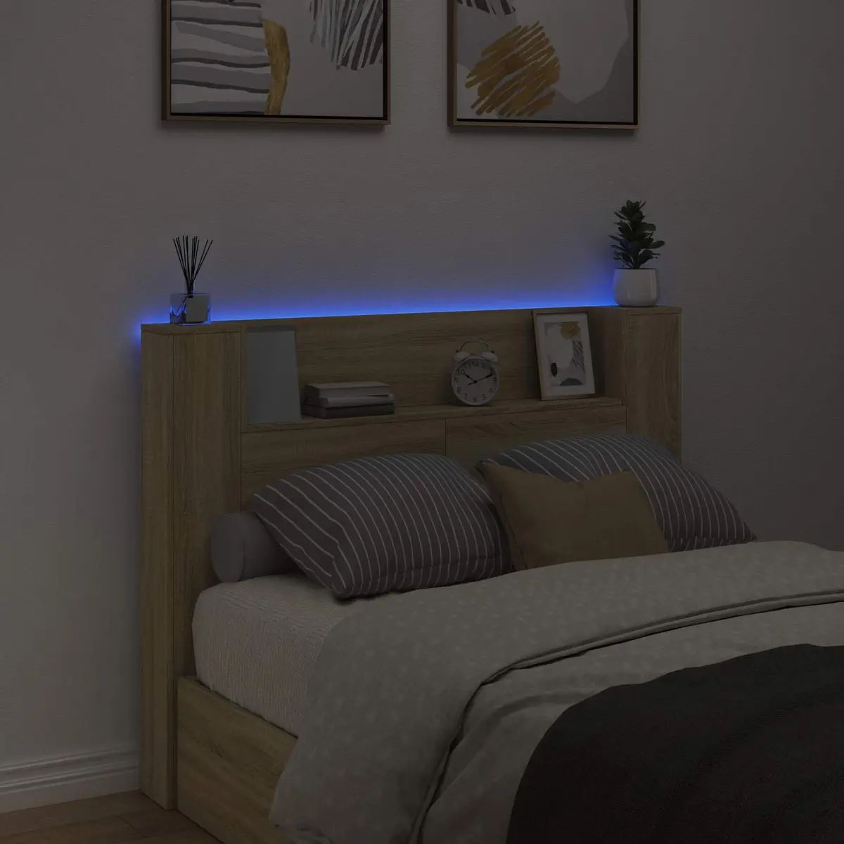 LED Storage Headboard Brown Engineered Wood Bedroom Shelf with Adjustable RGB Lighting