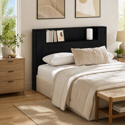 Storage Headboard with RGB LED Lights Black Engineered Wood Bedroom Furniture