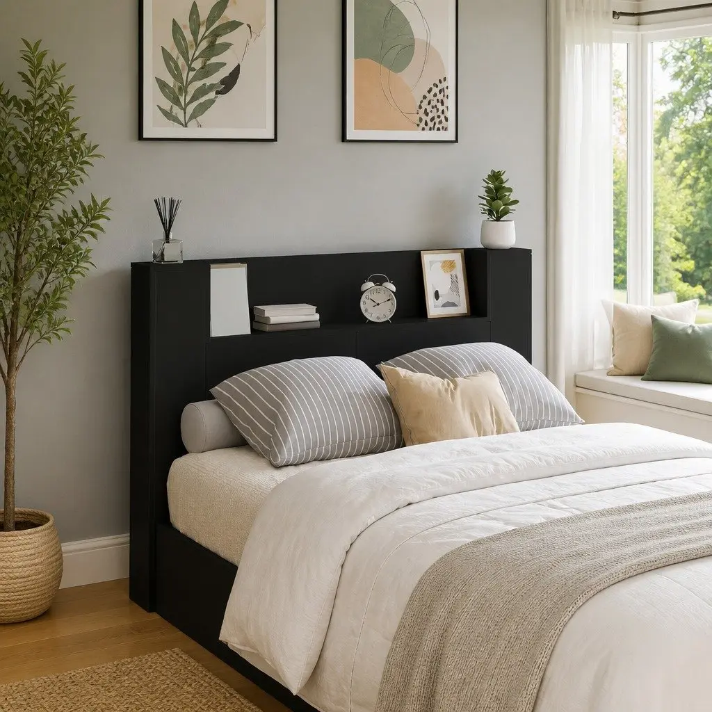 Black Engineered Wood Storage Headboard with Integrated Shelving and RGB LED Lights for Bedroom Furniture