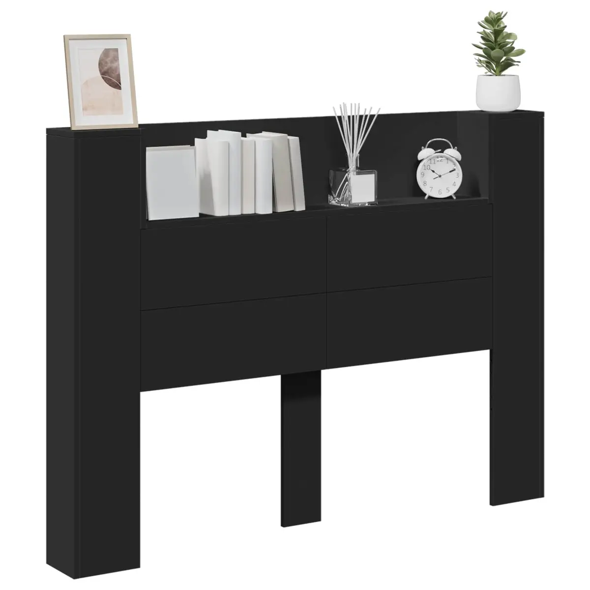 Black Engineered Wood Storage Headboard with Integrated Shelving and RGB LED Lights for Bedroom Furniture