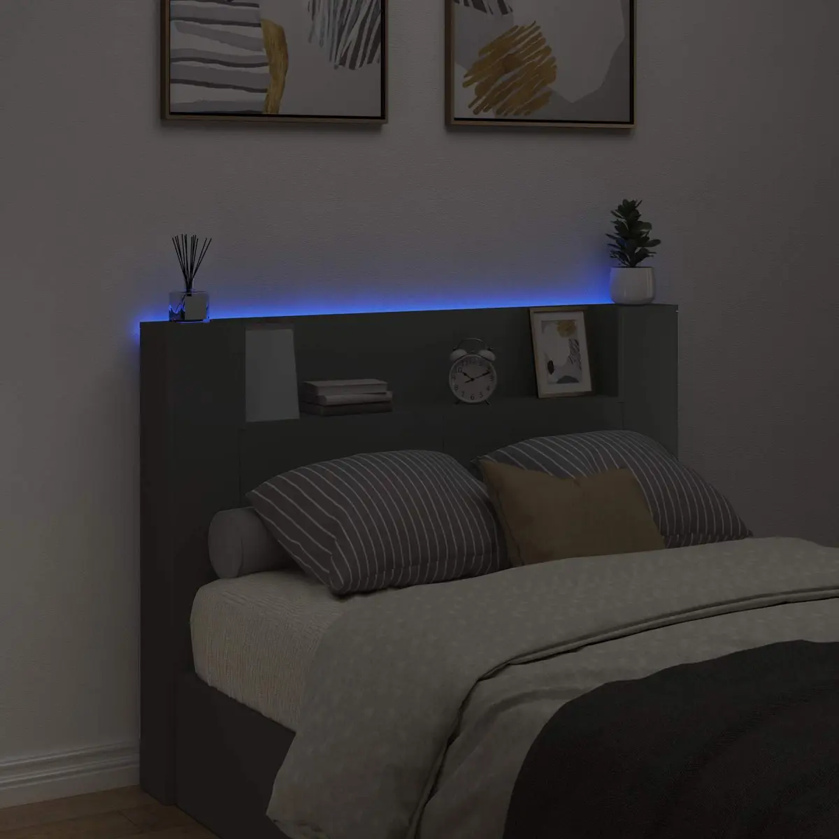 Black Engineered Wood Storage Headboard with Integrated Shelving and RGB LED Lights for Bedroom Furniture