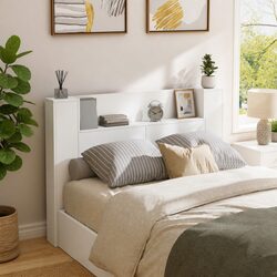 Storage Headboard with RGB LED Lights White Engineered Wood Bedroom Shelf