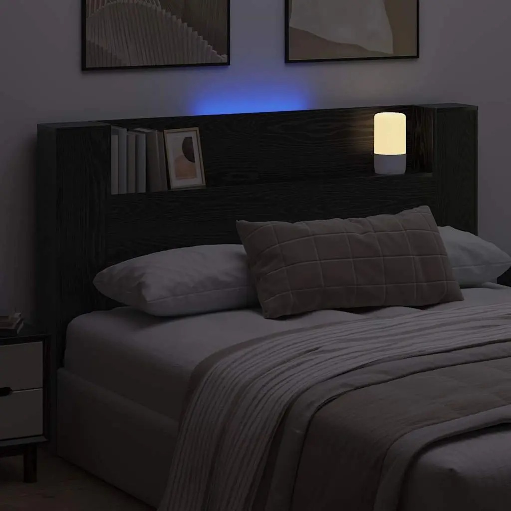 RGB LED Light Storage Headboard Engineered Wood Black with Integrated Shelving for Bedroom Furniture