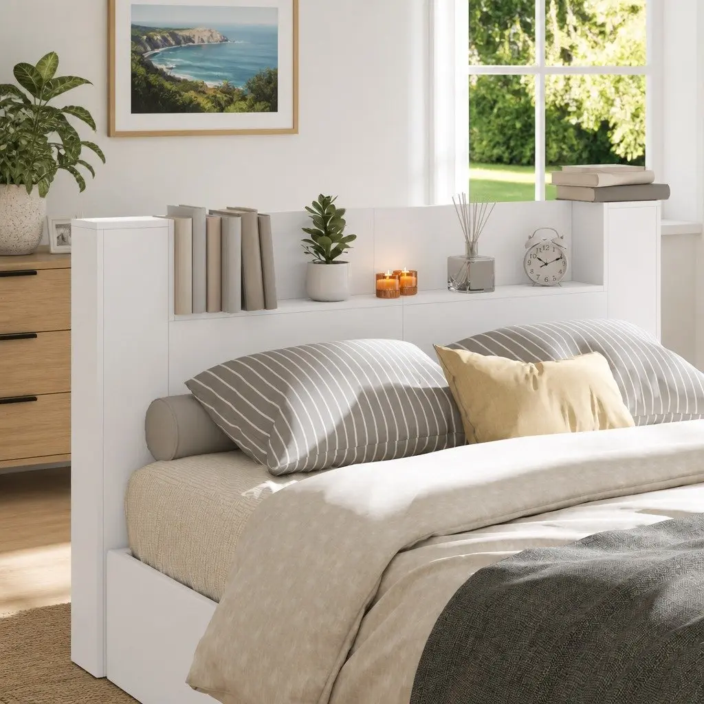 Storage Headboard with RGB LED Lights White Engineered Wood Bedroom Shelf
