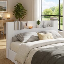 Functional White Headboard with Built-in Shelf and LED Lighting