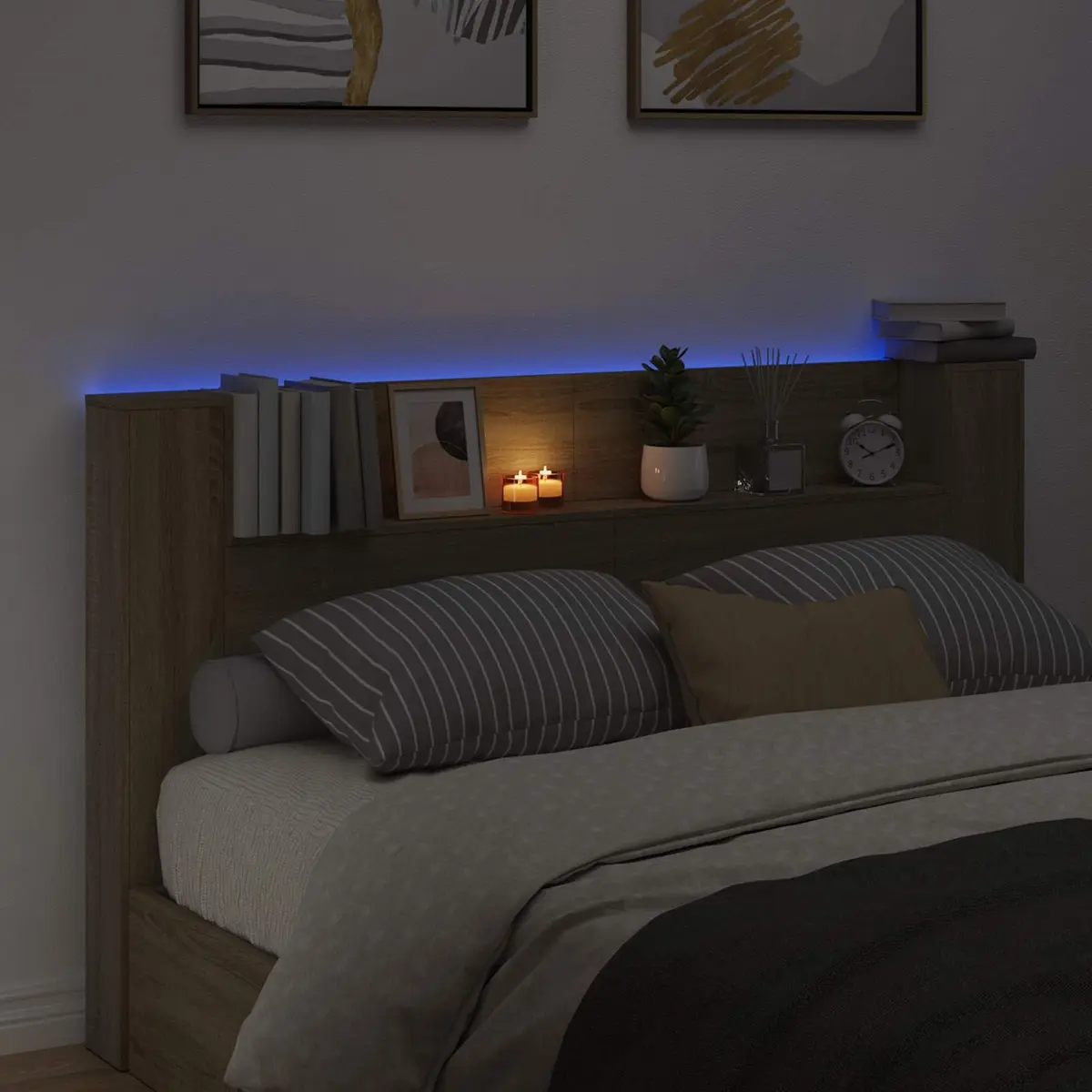 Storage Headboard Engineered Wood Brown with Integrated Shelf USB Powered LED Lights