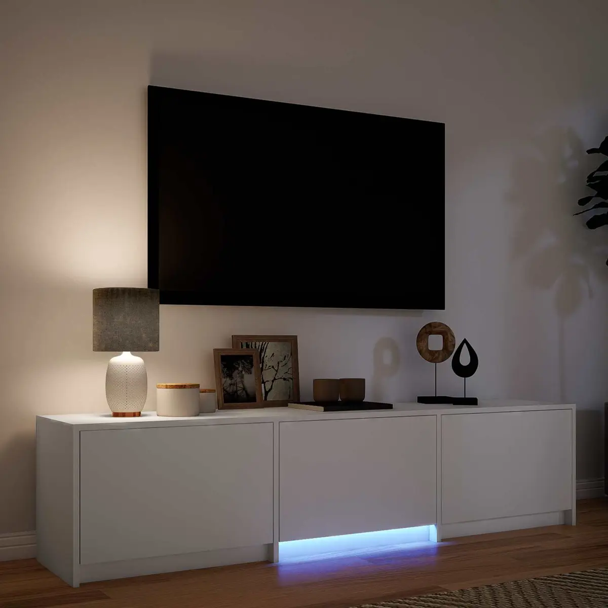 LED TV Cabinet 165cm White Engineered Wood Storage Unit with Adjustable Lighting