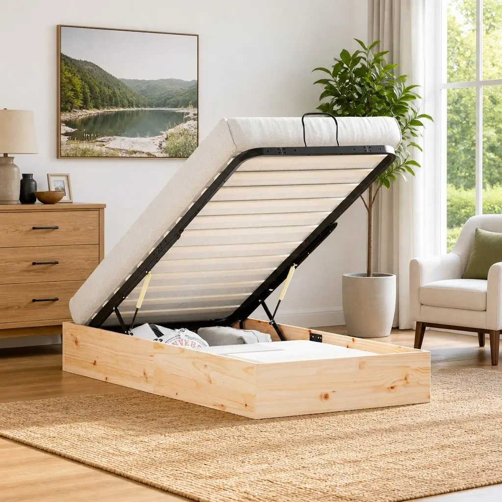 Ottoman Bed Frame Natural Wood 90 x 190 cm Brown Gas Lift-up Storage