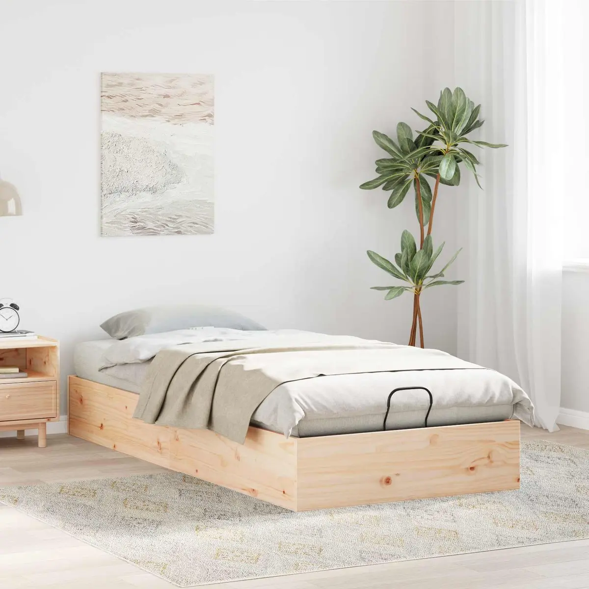 Ottoman Bed Frame Natural Wood 90 x 190 cm Brown Gas Lift-up Storage