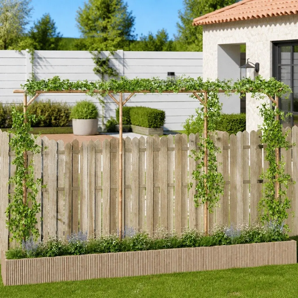 Outdoor Patio Bamboo Pergola Shade Structure Brown 385L x 40W x 205H cm Garden Trellis for Climbing Plants and Decorative Elements