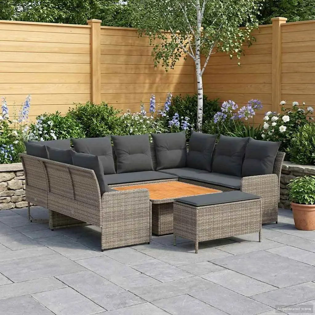 7 Piece Furniture Set Grey PE Rattan Sofa with Cushions Acacia Wood Frame Indoor Outdoor