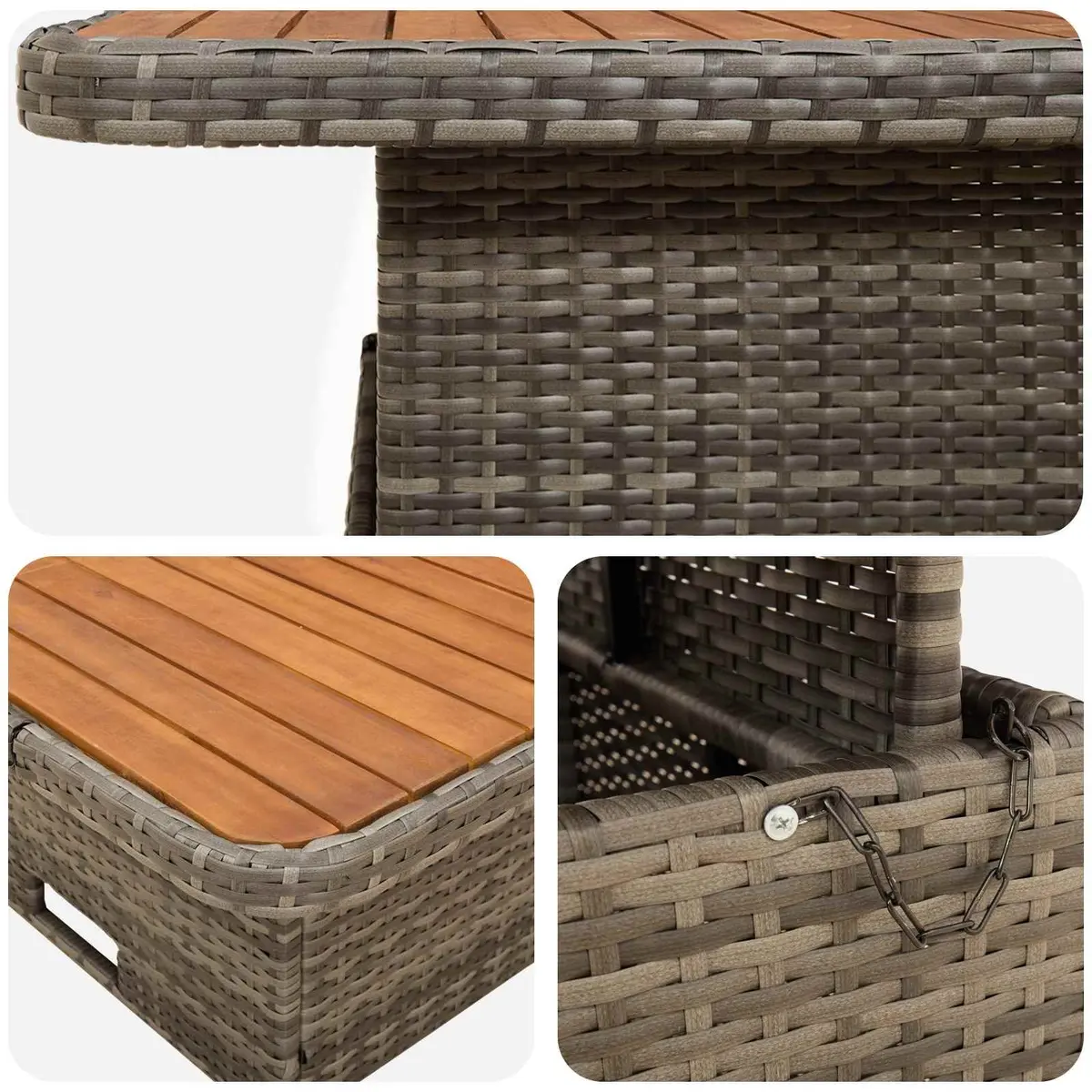 7 Piece Furniture Set Grey PE Rattan Sofa with Cushions Acacia Wood Frame Indoor Outdoor