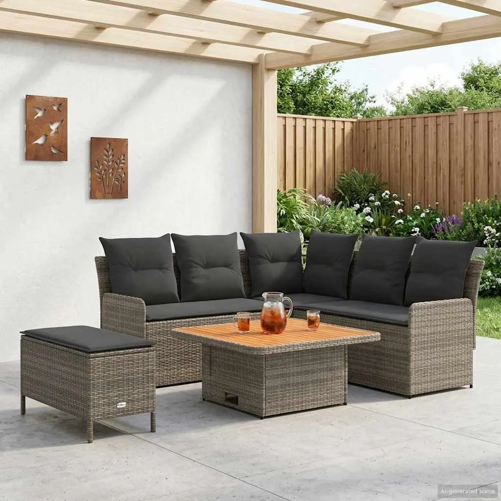 5PieceLoungeSofaSetGreyRattanOutdoorIndoorCushionsAcaciaWoodSteelFrame