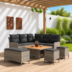 Outdoor Furniture Set 7 Pieces with Cushions Grey PE Rattan Patio Lounge Seating