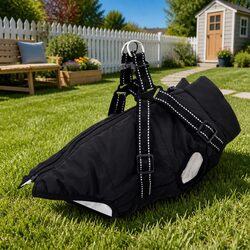 Dog Coat Black L28 Fleece Polyester Outdoor Winter Warm Adjustable Reflective