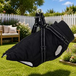 Dog Coat Black L36 Fleece Polyester Outdoor Winter Warm Adjustable Harness