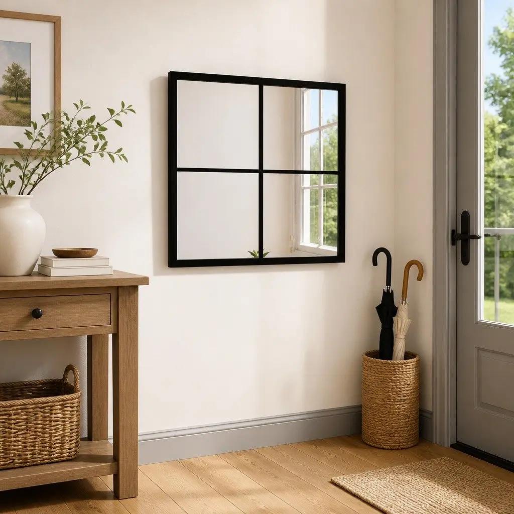 Metal Frame Wall Mirror 40x40cm Black Indoor Hook Installation