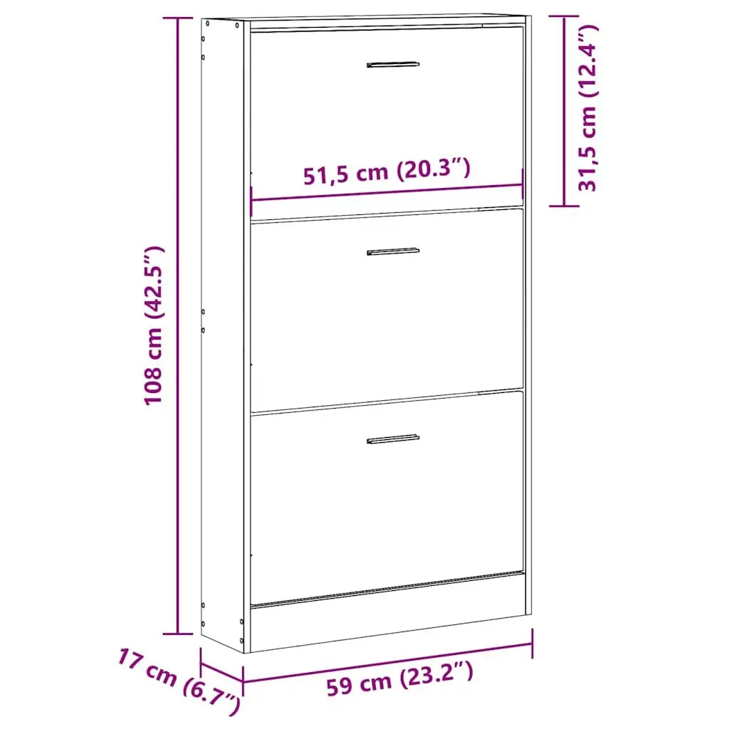Shoe Cabinet Engineered Wood 59x17x108 cm White Storage Organiser with 3 Drawers
