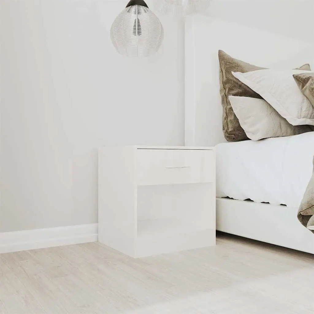 Bedside Tables 2 Pieces Engineered Wood Nightstand with Drawer and Shelf White High Gloss Storage