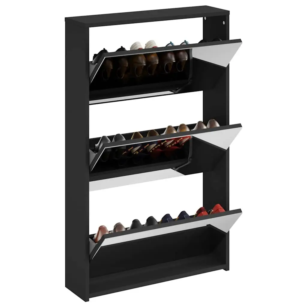 Shoe Cabinet with Mirror 3-Layer Storage Black 63x17x102.5cm Hallway Entrance