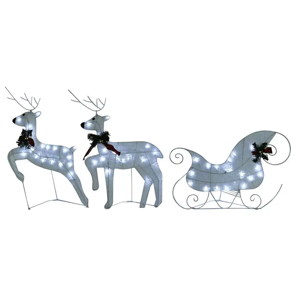 Outdoor Christmas Decoration Reindeer Sleigh Mesh Metal Frame 60 LED Lights White