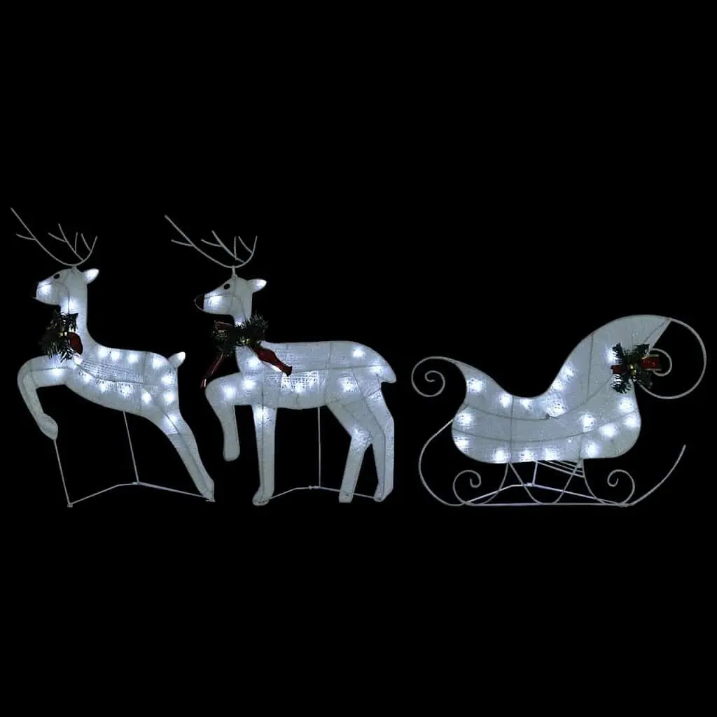 Outdoor Christmas Decoration Reindeer Sleigh Mesh Metal Frame 60 LED Lights White