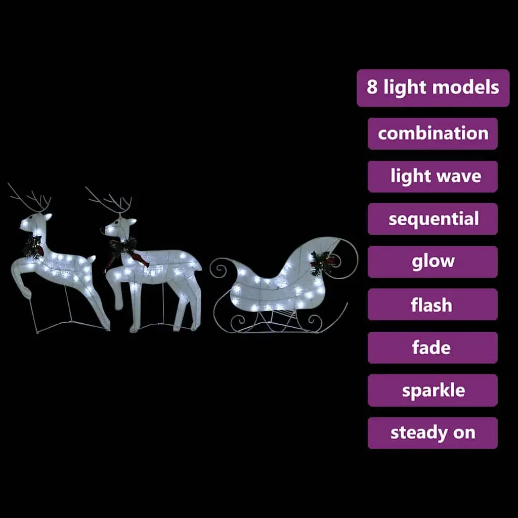 Outdoor Christmas Decoration Reindeer Sleigh Mesh Metal Frame 60 LED Lights White