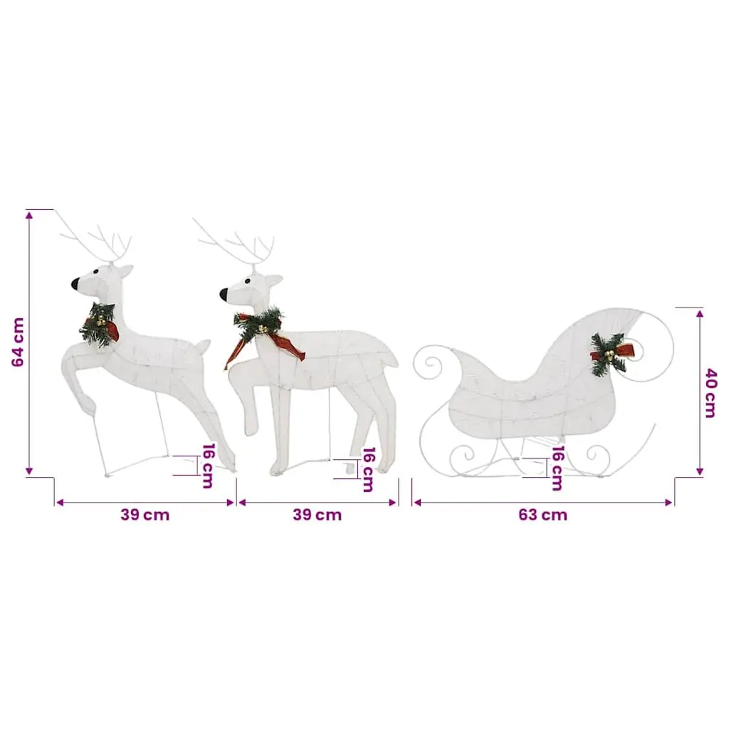 Outdoor Christmas Decoration Reindeer Sleigh Mesh Metal Frame 60 LED Lights White