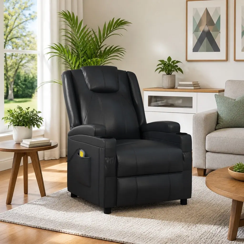 Electric Massage Chair Faux Leather Black Reclining Armchair 6 Points Vibration