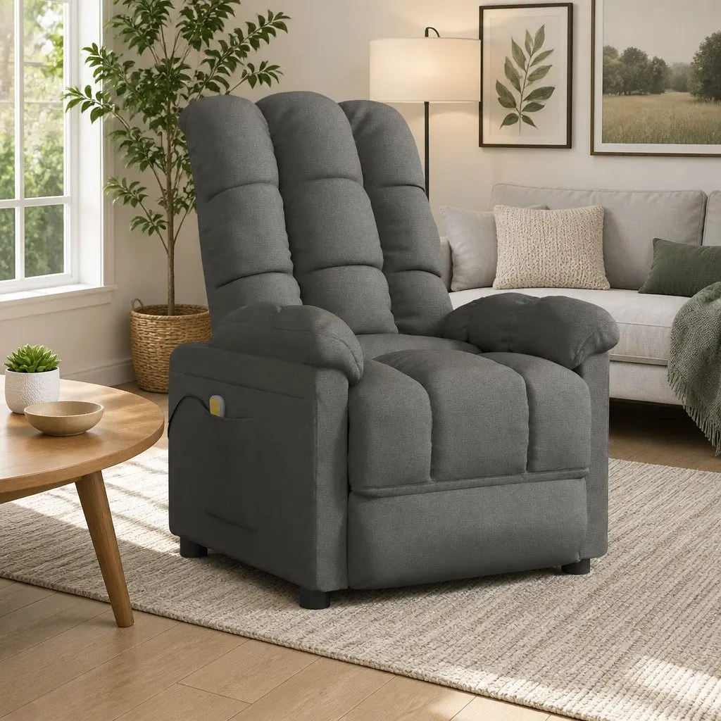 Electric Massage Chair Grey Fabric Reclining 3 Positions 6 Points Vibration Hand Control