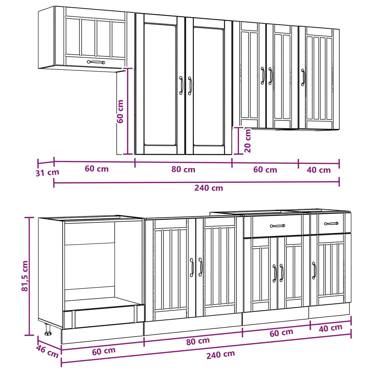 Kitchen Unit 8 Piece White Engineered Wood Storage Cabinet Set with Adjustable