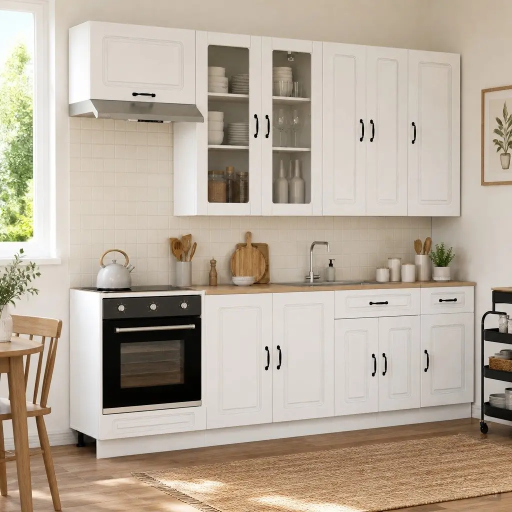 Kitchen Unit White Engineered Wood Storage Cabinet Modern Design 8 Pieces