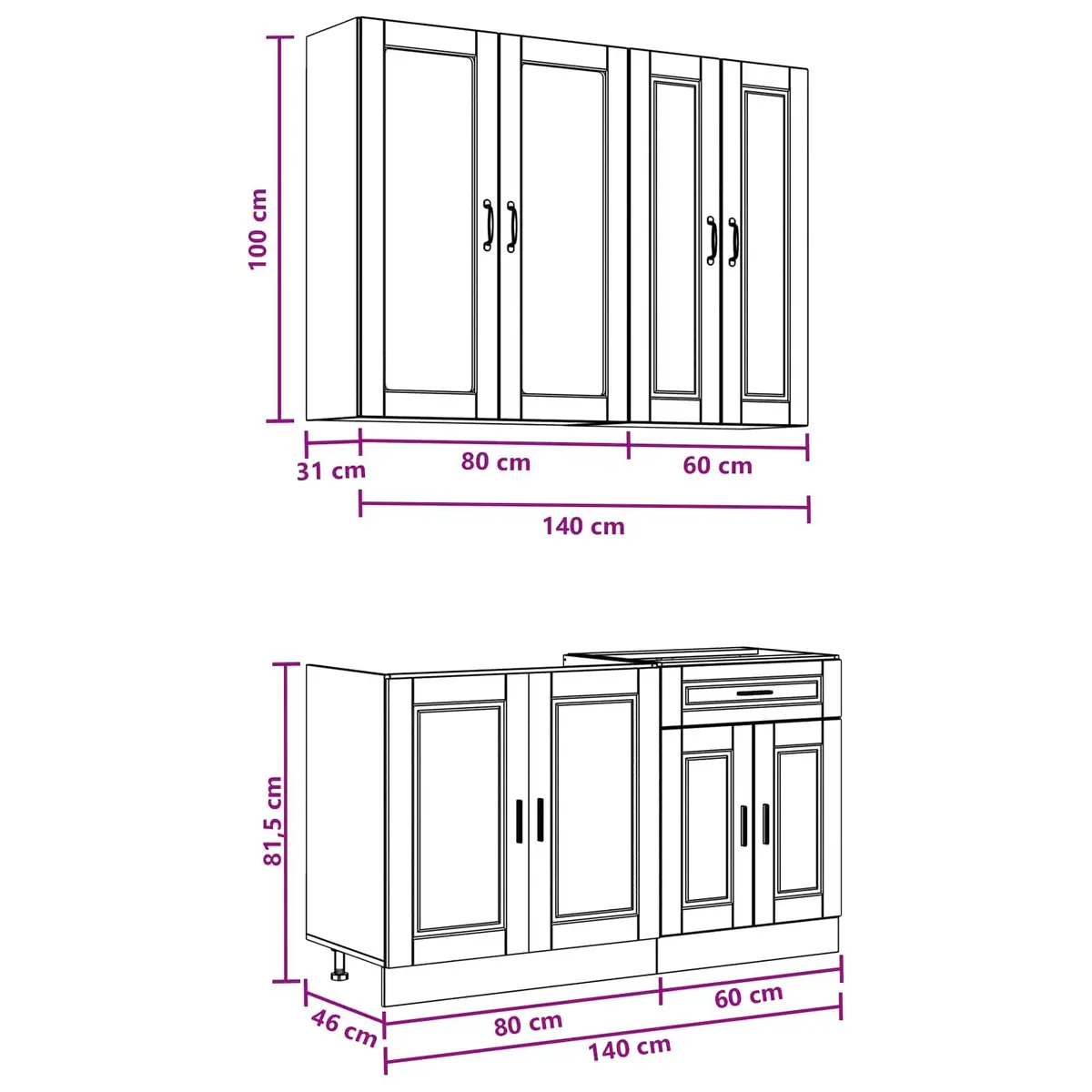4 Piece White Kitchen Storage Unit Engineered Wood Indoor Furniture Adjustable Feet