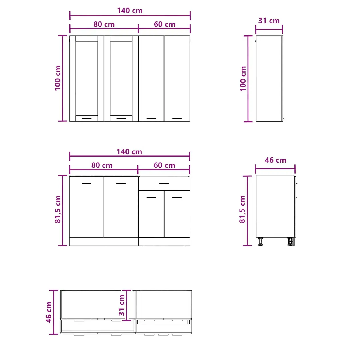 Kitchen Unit LYON 4 Piece White Engineered Wood Storage Cabinet Set Furniture