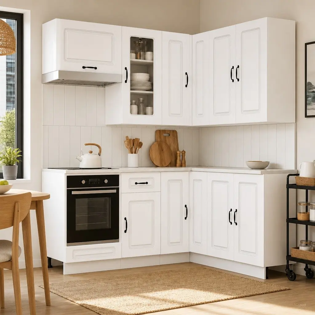 8PieceWhiteEngineeredWoodKitchenStorageCabinetSetModernDesign