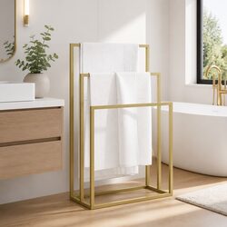 Organize Your Bathroom with a Practical Gold Iron Towel Rack