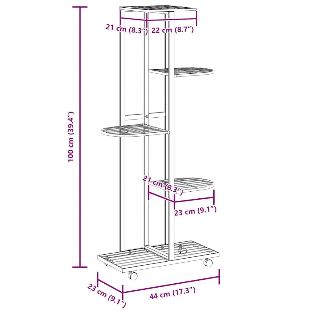 5 Tier Iron Plant Rack Black Corner Display Stand with Wheels