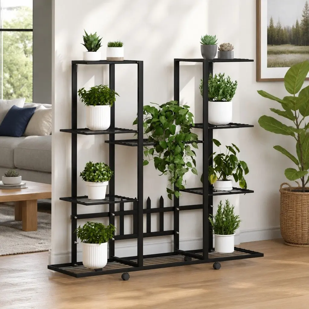 Plant Stand Iron Black with Wheels 94.5L x 24.5W x 91.5H cm
