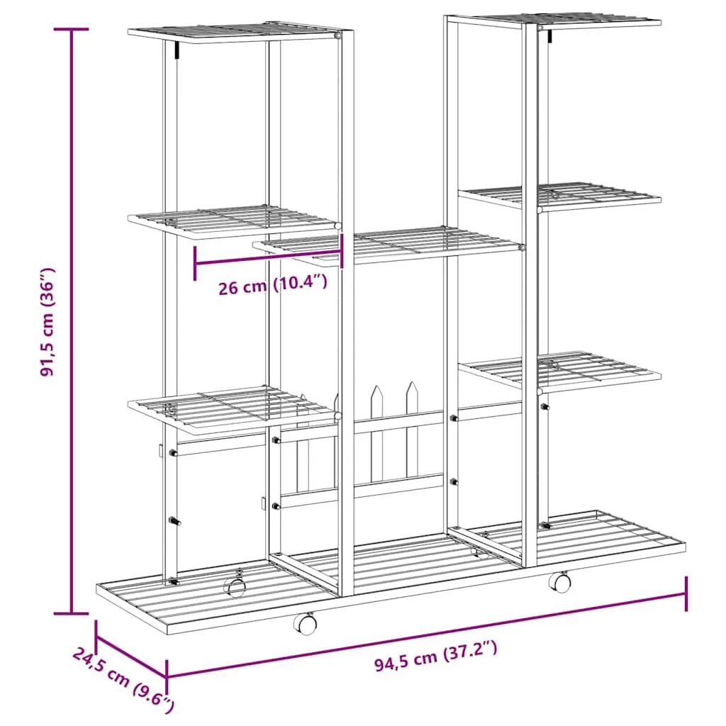 Plant Stand Iron Black with Wheels 94.5L x 24.5W x 91.5H cm