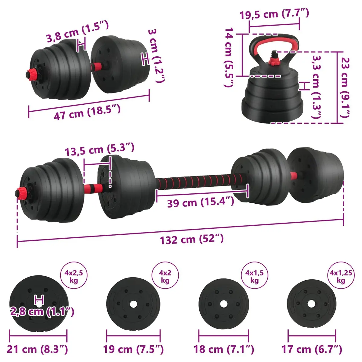 4-in-1 Adjustable Dumbbell Set 40kg Home Gym Weightlifting Free Weights Black
