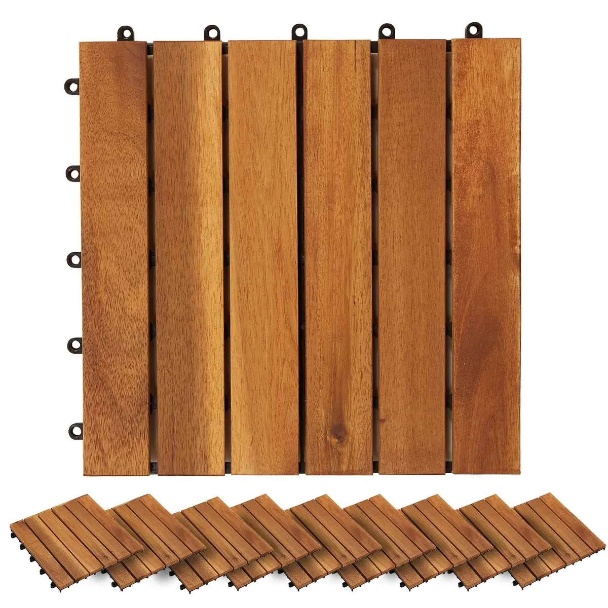 Interlocking Brown Acacia Wood Decking Tiles 30x30cm Square for Garden Patio Floor