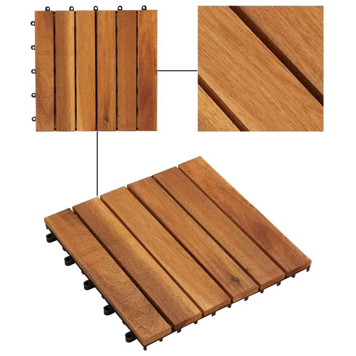Interlocking Brown Acacia Wood Decking Tiles 30x30cm Square for Garden Patio Floor