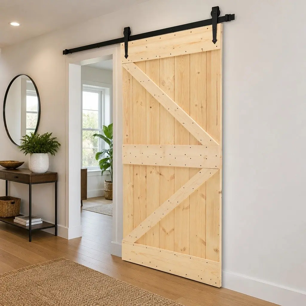 Sliding Door Solid Pine Wood 80 x 210 cm Natural and Black Top Sliding Mechanism