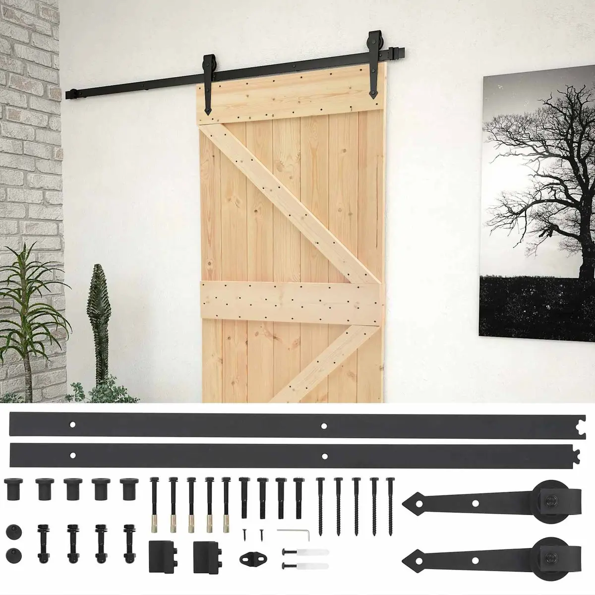 Sliding Door Solid Pine Wood 80 x 210 cm Natural and Black Top Sliding Mechanism