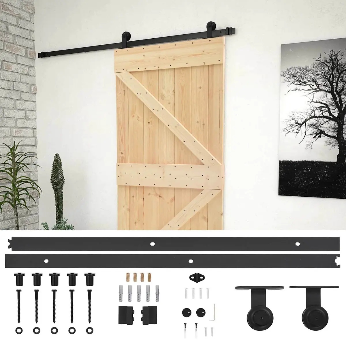 Sliding Door Solid Pine Wood 80 x 210 cm Natural Brown Black Modern Room Divider