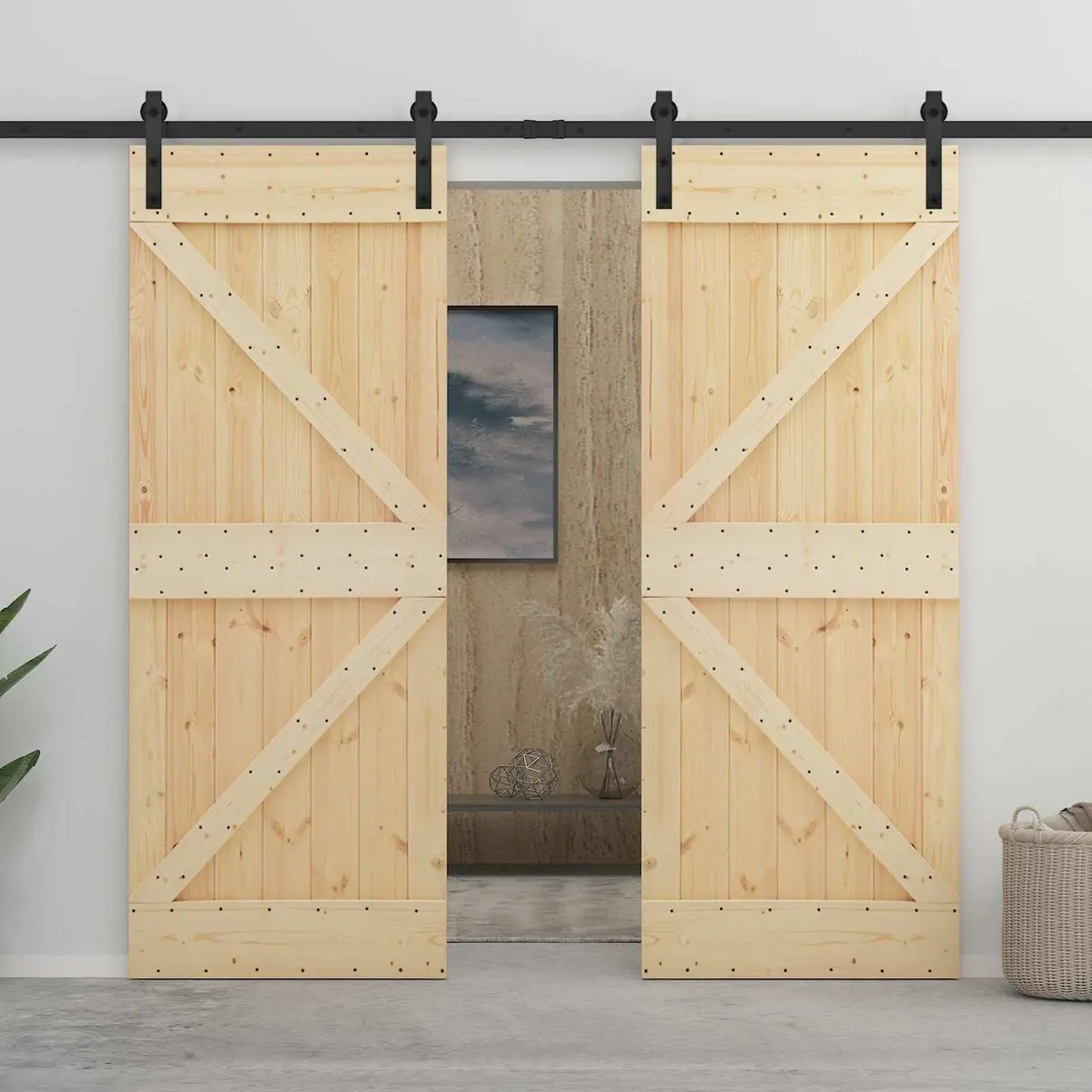 Sliding Door 80 x 210 cm Solid Pine Wood Natural Black Modern Interior